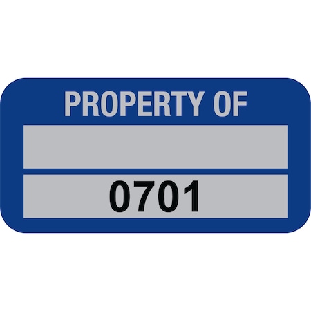 Lustre-Cal PROPERTY OF Label, 5 Alum Dark Blue 1.50in x 0.75in 1 Blank Pad & Serialized 0701-0800, 100PK 253769Ma2Bd0701
